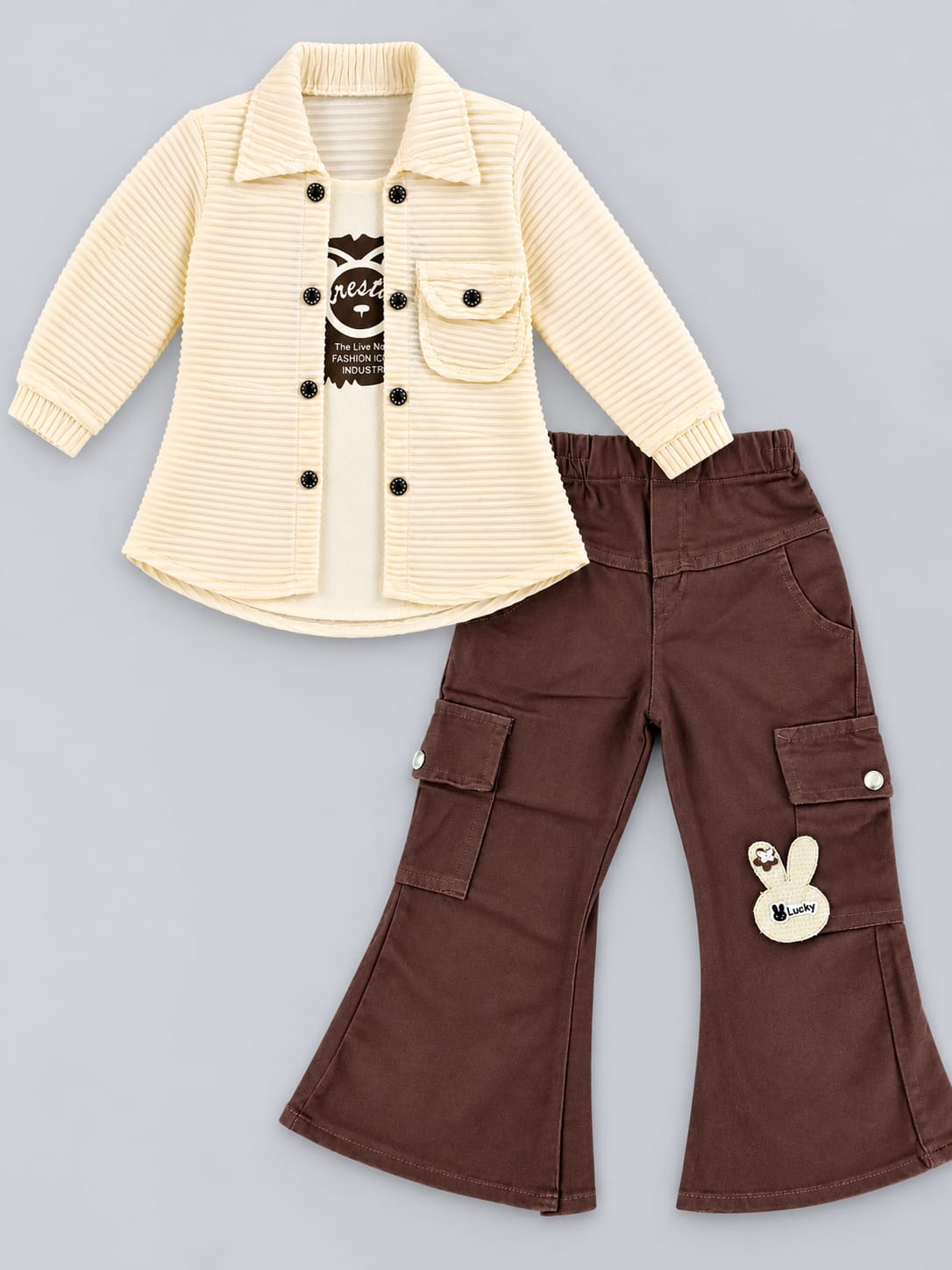 Kids Ribbed Shirt & Cargo Flared Pants Set – 2 Piece Outfit